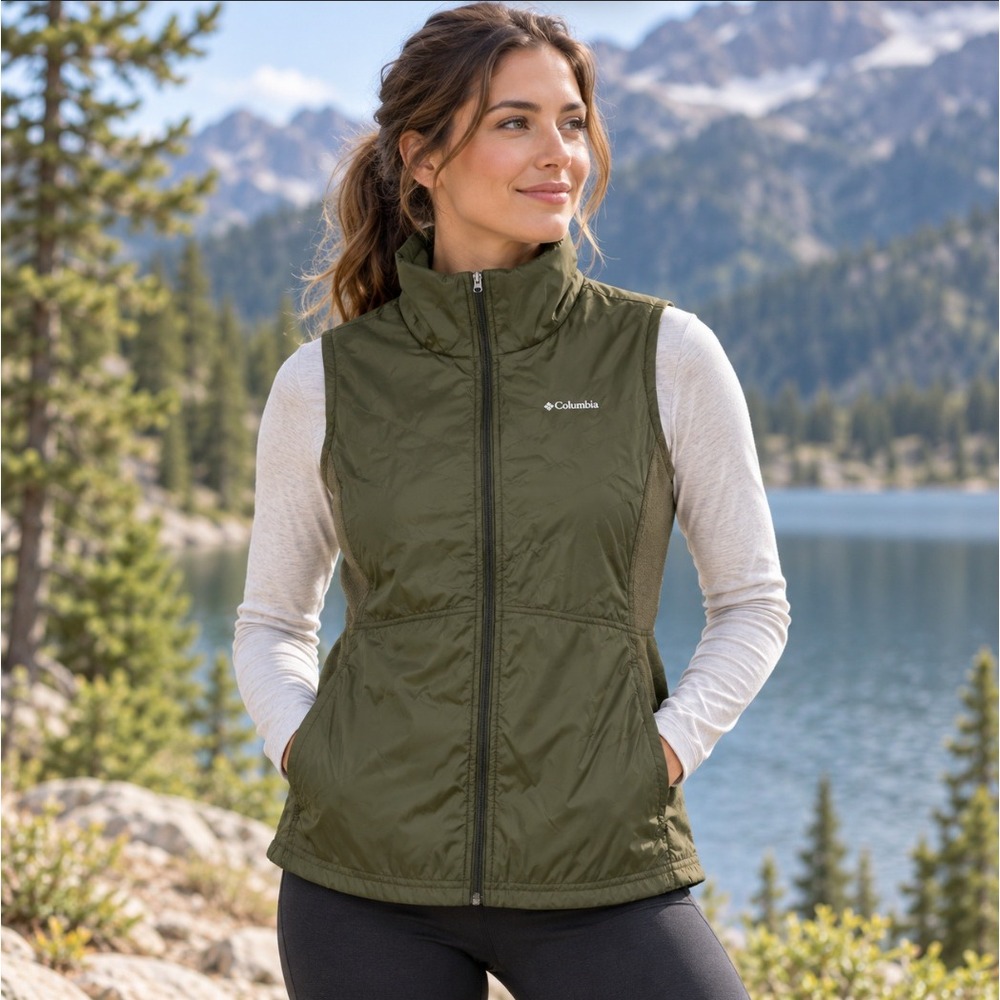 Columbia Womens Olive Green Quilted Insulated Fleece Side Panel Vest Large